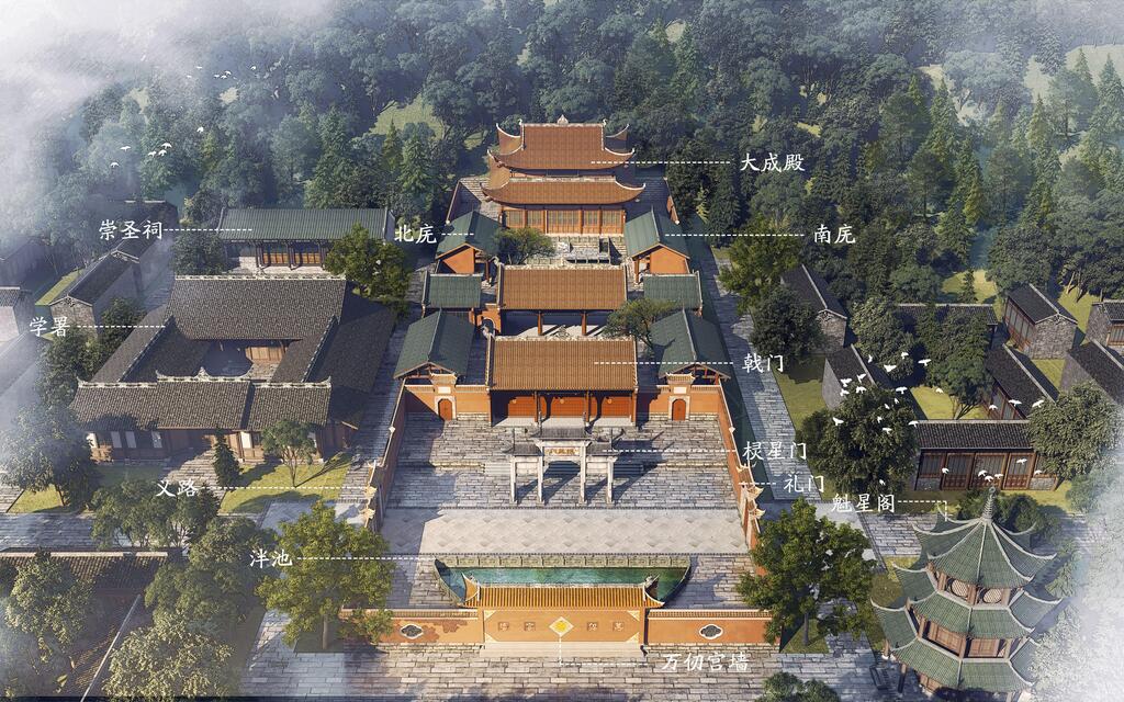 图22 璧山文庙复原鸟瞰示意图（取自：刘杨《“养贤育德、泮璧济美” ——璧山文庙大成殿》）