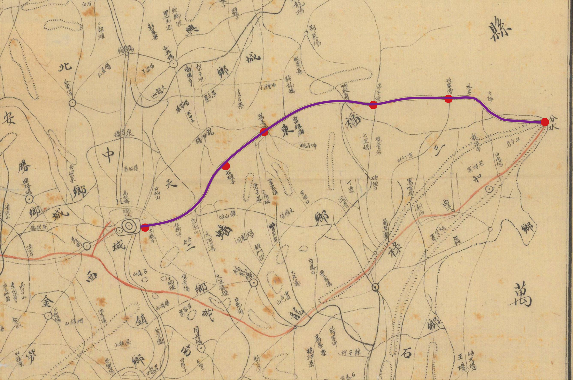 图三 清末民国时期万梁古道北线示意图