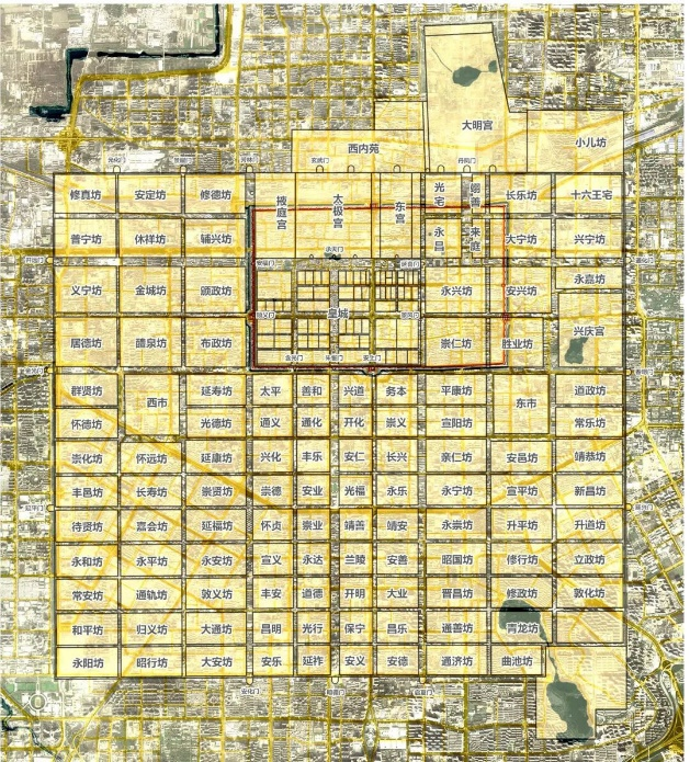 图3 隋大兴唐长安城遗址展示阐释体系：遗址与西安城市叠合示意图（左上）；遗址价值阐释体系与展示