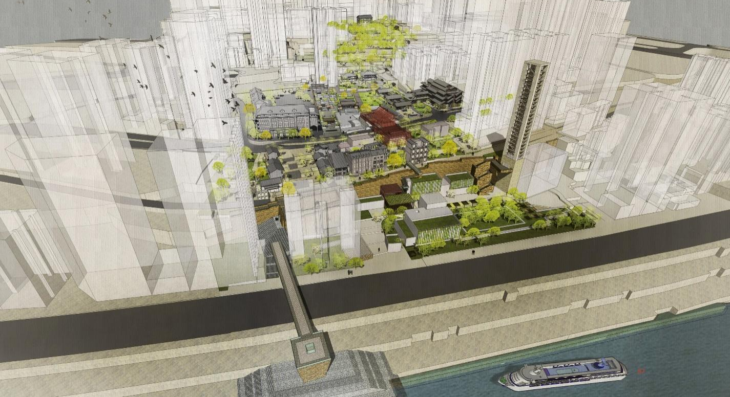 图1 重庆老鼓楼衙署考古遗址公园规划总图（上）；设计总体鸟瞰图（下）2