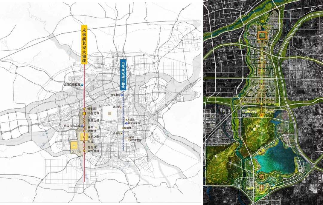 图4 丰镐遗址活化利用规划：遗址区位（左）；新长安大轴线及丰镐京昆明池遗址片区总平面（右）