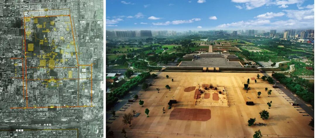 图2 大明宫遗址区演变发展：遗址公园建设前（左上）；大明宫国家考古遗址公园建成后（右上）；改扩