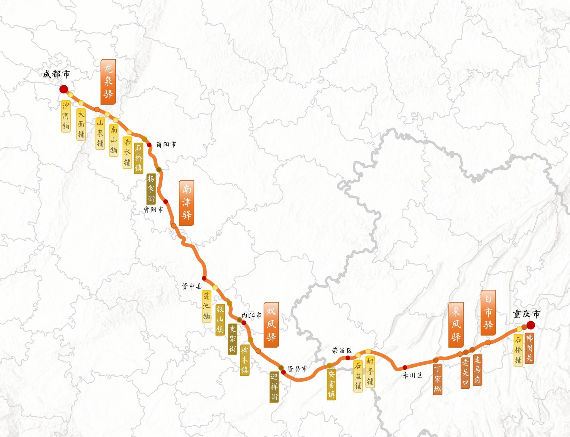 1 成渝古道东大路五驿、两关、一岗一坳、四镇、三街子、九铺空间分布图