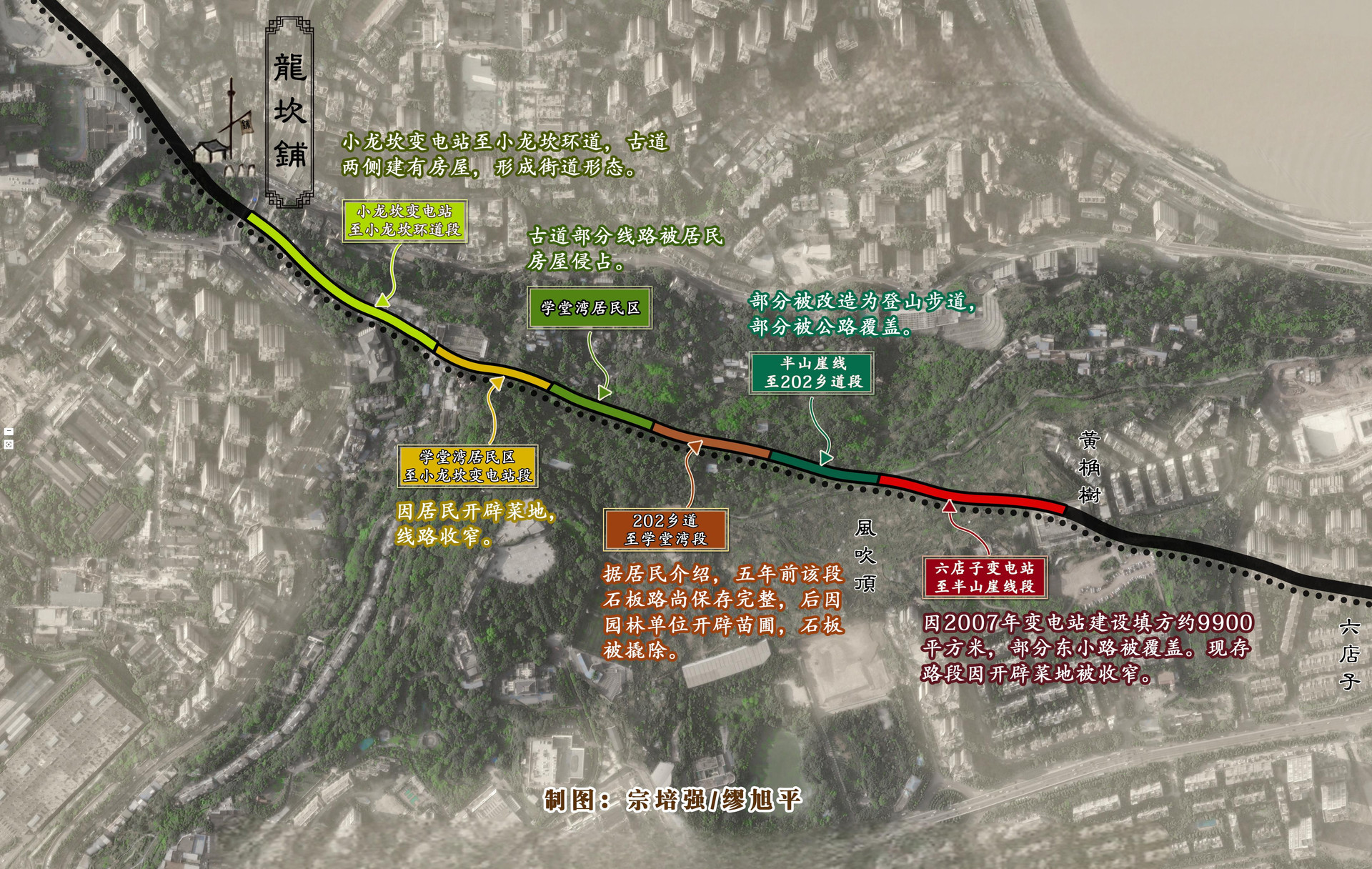 成渝古道·东小路六店子变电站至小龙坎环道段遗存现状图(制图:宗培强)(1)
